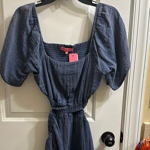 BNWT Simply Southern Navy Blue Mini Dress with Puff Sleeves and Open Back